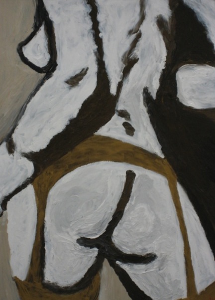 Painting of nude woman using fingers as paint brush